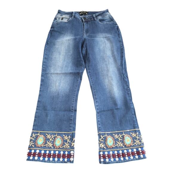 Embroidered Hem Jeans Blue‎ Denim Pants Floral Bohemian Women's - Picture 1 of 8